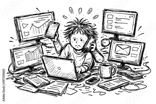 Lines multitasking uneven surrounded simple person image screens chaos generation icon imperfect