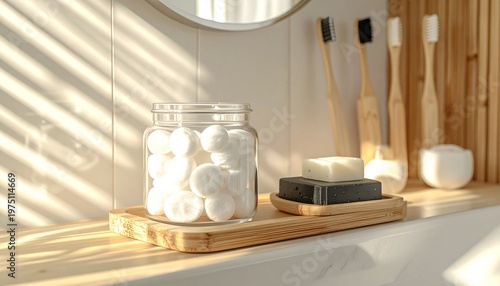 Sustainable Bathroom with Reusable Cotton Rounds and Bamboo Accessories