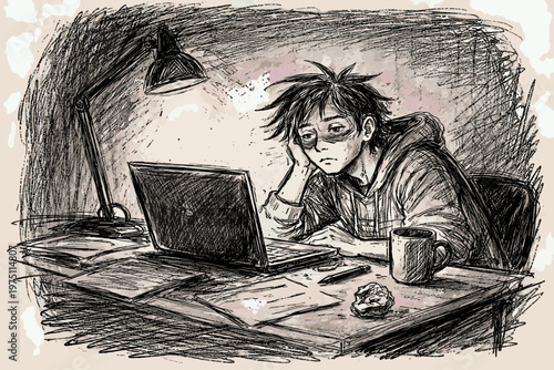 Tired messy icon doodle generation working uneven image night vector composition imperfect