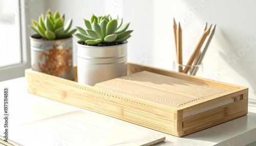 Sustainable Home Office with Bamboo Desk and Upcycled Notebook at Daylight