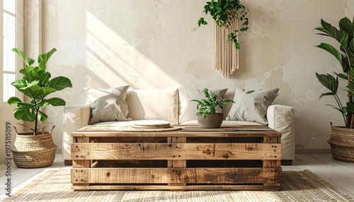 Eco-Friendly Living Room with Upcycled Crate Table and Potted Plants
