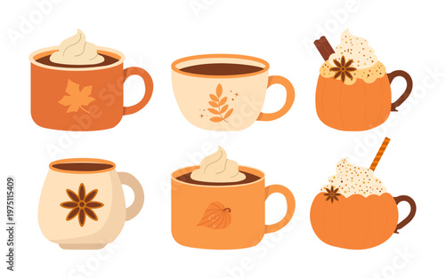 Collection of warm seasonal drinks including tea, coffee, latte, chai, and hot chocolate. Cozy composition ideal for autumn projects, cafe menus, and packaging. Warm tones and comforting theme