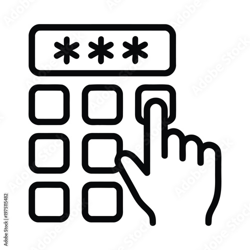 User authentication and password entry icon with hand pressing numeric keypad and secret pin code verification symbol password security