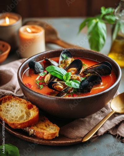 Steaming bowl of spicy tomato-based broth with mussels, chili flakes, fresh basil, garlic bread on the side, rustic earthenware bowl