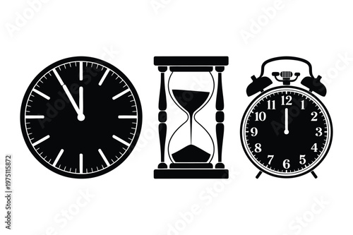 Time icons: wall clock hourglass alarm clock with hourglass, illustration