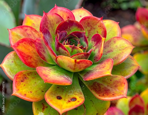 A vibrant succulent displays concentric colorful leaves, showcasing green, yellow, and red hues with a central focal point