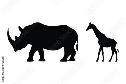 Photography Wildlife animals icons: silhouette of a rhinoceros and a giraffe with rhinoceros
