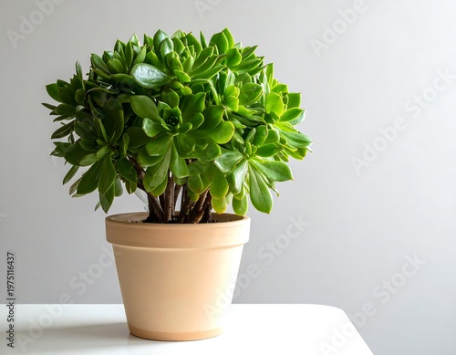 A vibrant succulent plant with layered, deep green leaves sits in a neutral terracotta pot, placed on a white surface, against a plain gray backdrop