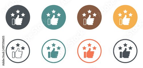 Hand with thumbs up and stars rating vector icons collection, customer feedback concept, review and satisfaction symbols, quality evaluation elements, five star rating system flat design