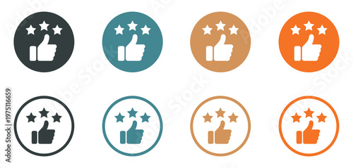 Thumbs up hand with star rating vector icons collection, customer feedback concept, review and satisfaction symbols, quality evaluation elements, five star rating flat design illustration