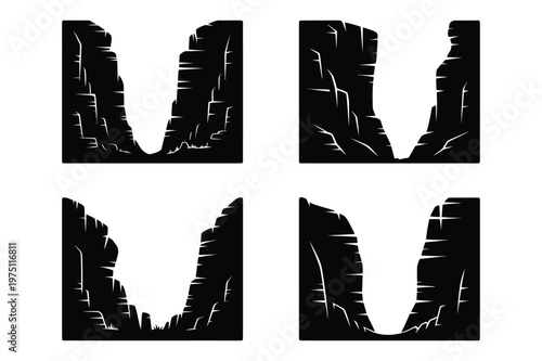 Canyon and gorge silhouette set with formation landscape mountain silhouette