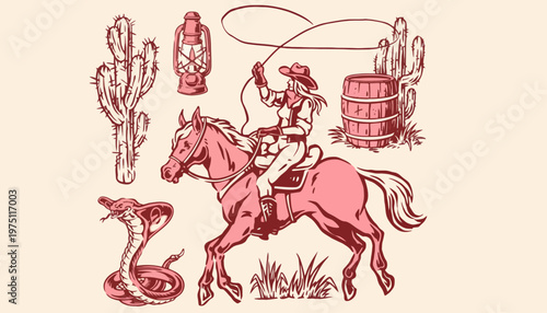 Cowboy riding horse lassoing cactus desert scene with barrel and snake