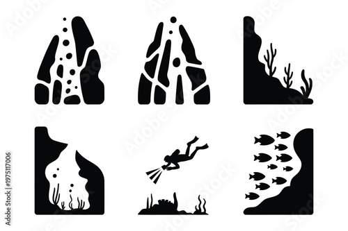 Underwater scenery silhouette set with coral diver fish underwater activity