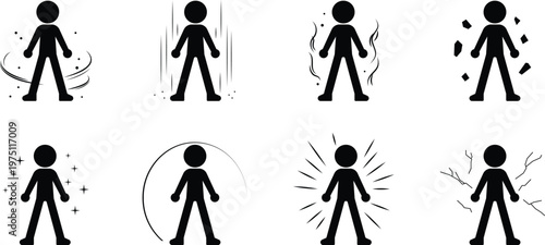 Stickman energy aura states with glowing effects, Human figure transformation and power charge poses, Radiating energy silhouette icon set