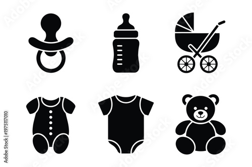 Baby essentials silhouette icons: pacifier bottle stroller clothes teddy bear