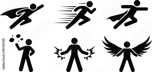 Stickman action poses with speed and power effects, Running jumping and flying human figure silhouettes, Dynamic motion character icon set