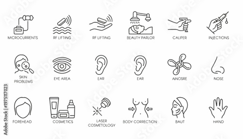 Various cosmetic procedures illustrated including eye treatments and body corrections