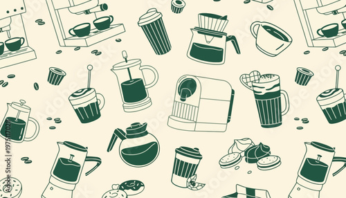 A seamless pattern of various coffee-related items and kitchen appliances on a cream background