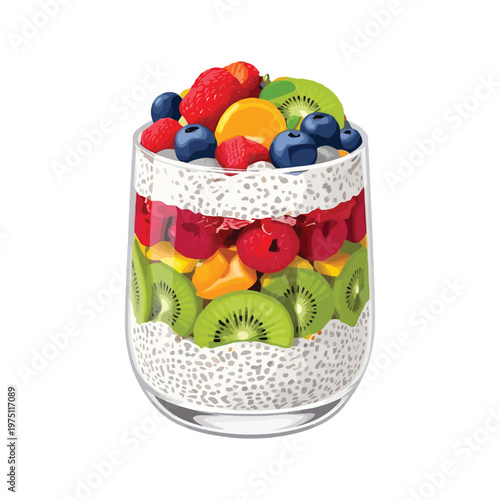 Mixed Fruit Yogurt Parfait with Chia Seeds in Glass Healthy Dessert