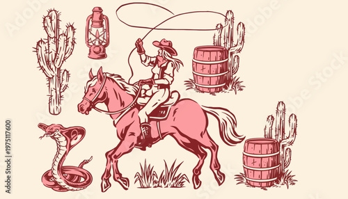 Cowboy riding horse lassos snake near cactus and barrels in desert landscape