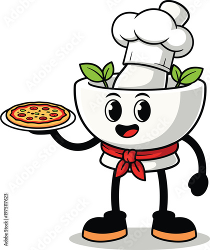 Chef Mortar Character Mascot Holding Pizza Vector Illustration for Restaurant Branding