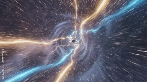 Abstract Cosmic Portal Featuring Glowing Blue And Gold Lightning Through A Warp Speed Space Tunnel