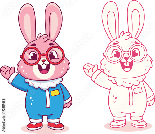 Cute Pink Bunny Scientist Mascot in Lab Suit with Coloring Page Version Vector