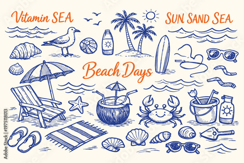 Hand drawn beach themed vector set with summer doodles, waves, palm trees, shells, crabs, sunglasses, surfboards, tropical vacation elements, perfect for t shirt prints and holiday design