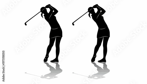 Two women in golf stance swinging clubs with reflections on floor