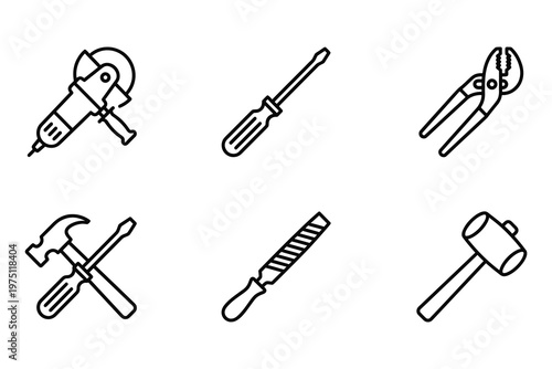 Workshop tool icons featuring angle grinder rubber mallet file. black outline vector illustration of power and hand tools screwdriver