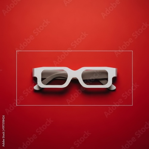 Stylish white sunglasses on vibrant red background