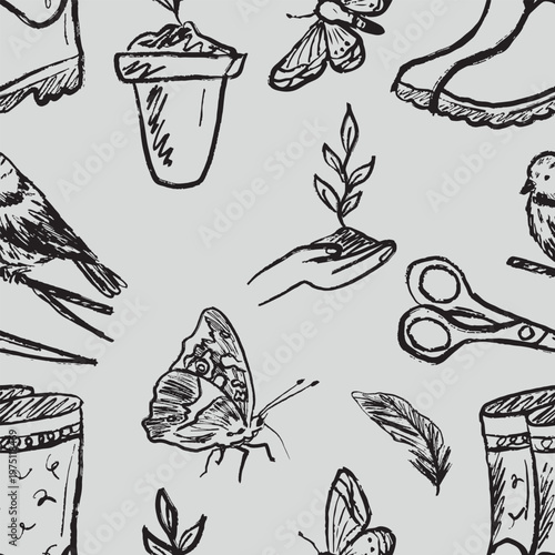 Seamless spring gardening pattern with birds, butterflies, and seedling, rubber boots. Seasonal decor and textiles. Hand drawn vector sketch illustration in vintage doodle crayon charcoal style