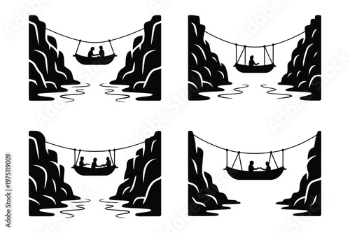 People in gondola lift crossing river gorge vector illustration set