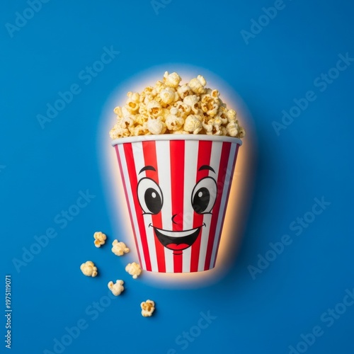 Cheerful popcorn bucket with scattered popcorn on blue background