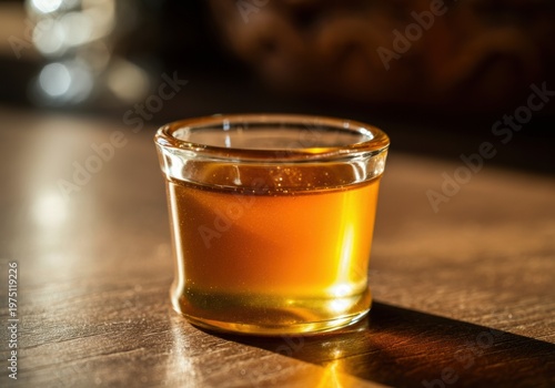 Glass jar of golden honey on wooden table with warm sunlight glow and soft shadow