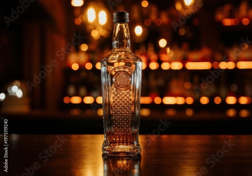 Whiskey bottle on bar counter illuminated by warm bokeh lights and reflections