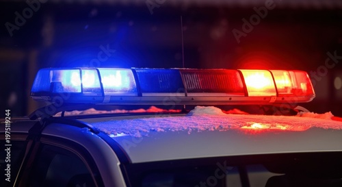 Police vehicle lights flashing red and blue on a snowy rooftop at night