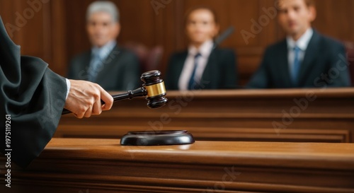 Judge strikes gavel in courtroom with jurors and wood-paneled benches during trial