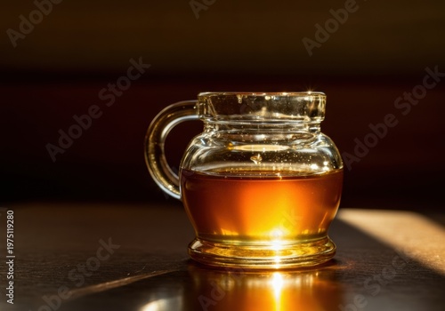 Glass jug of honey on wooden table lit by warm sunlight and reflections