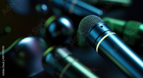 Microphones closeup with metallic finishes and shallow depth of field for concert