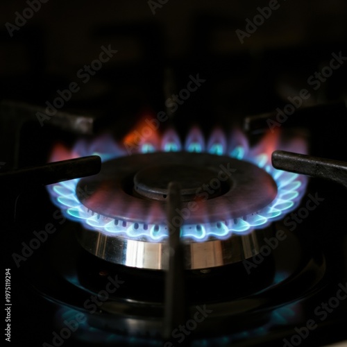 Gas burner with blue flame on stainless stovetop surrounded by dark background