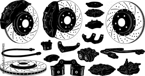 Precision Performance Car Brake Disc and Caliper, Automotive Spare Parts and High-Tech Engineering Components for Maintenance and Repair - Vector Stock