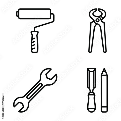 Collection of repair and carpentry tool icons featuring a paint roller pincers wrench woodworking chisel with a pencil, construction