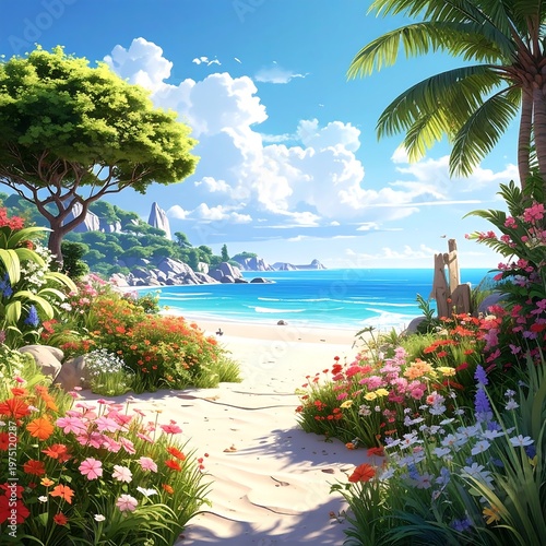 A vibrant seaside scene with a sandy path leads to turquoise waters, lush floral gardens, and swaying palm trees under a bright, sunny sky