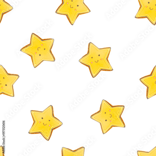 An image of smiling yellow stars with cute facial expressions arranged in a seamless pattern on a white background. Perfect for playful children's design.