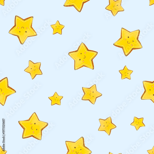 A charming photo featuring a smiling cookie in the shape of a star on a light blue background. The cheerful design creates a playful and whimsical atmosphere, perfect for creative projects.