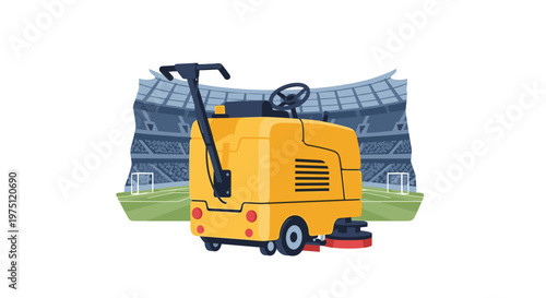 Industrial yellow floor scrubber machine operating on a pristine green sports field surface in front of a massive empty stadium under soft natural lighting.