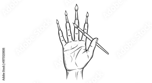 A hand holding a paintbrush with paintbrushes on fingers.