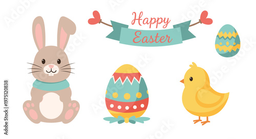 A charming Easter graphic featuring a seated brown bunny and a fluffy yellow chick beside two ornate eggs and a festive Happy Easter ribbon banner.