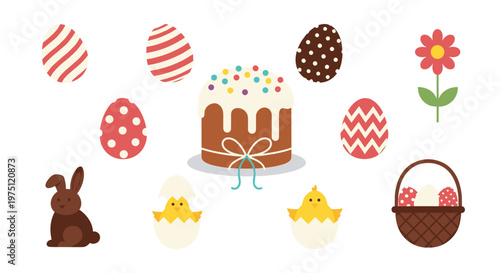 A festive collection of colorful Easter eggs and a decorated cake with a chocolate bunny and fluffy yellow chicks arranged on a light beige surface.